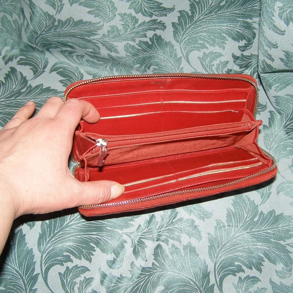 CHANEL Dark Red Lambskin Quilted Leather Wallet
